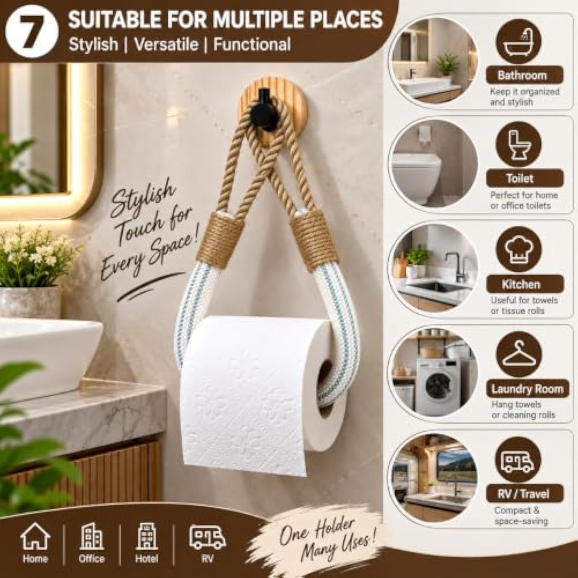 Home Decor Bamboo & Rope Toilet Roll Hanger